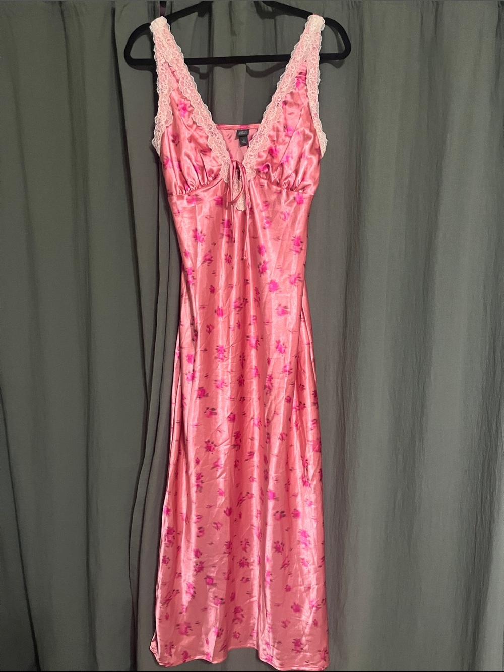 wild fable Pink Floral Satin Maxi Slip Dress with Lace Trim - Picture 3 of 4